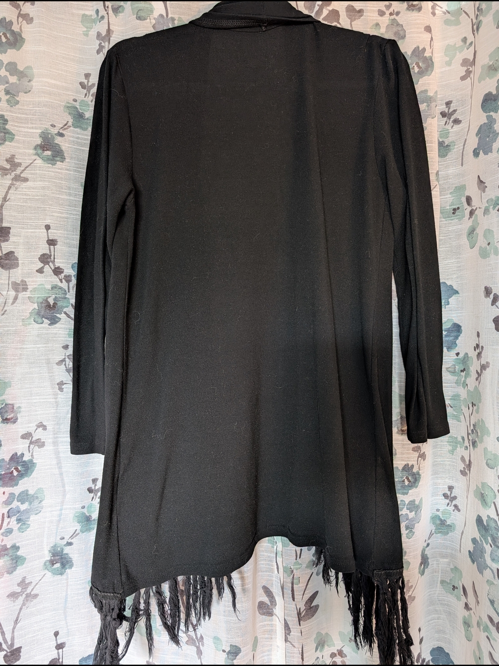 Black Women's Fringe Open-Front Sweater Cardigan - Picture 4 of 5